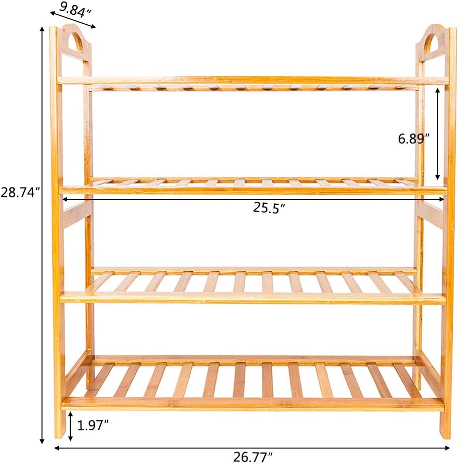 Bamboo Shoe Rack with Handle 4 Tier 16 Pairs Free Standing Shoe Shelf Storage Organizer for Entryway & Closet, Wood Color