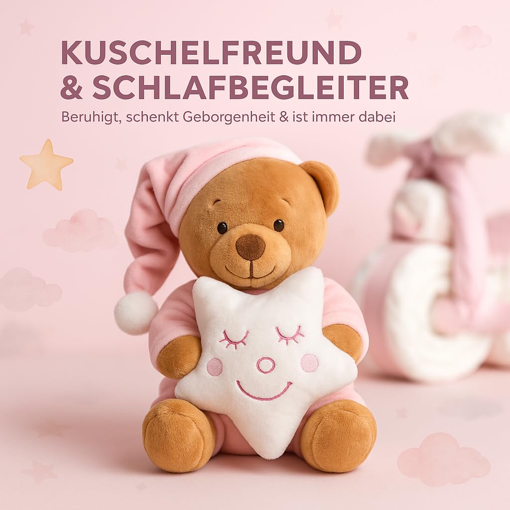 Gâteau de couches pour bébé fille - Rose - Cadeau de naissance et baptême avec doudou