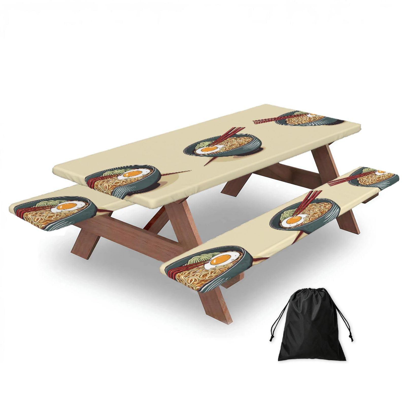 EZDLOWVBA Delicious Sweet Ramen Print Picnic Table Cover With Bench Covers Waterproof Fitted Picnic Table Outdoor Elastic Picnic Tablecloth Outdoor Camping Essentials(3pcs)