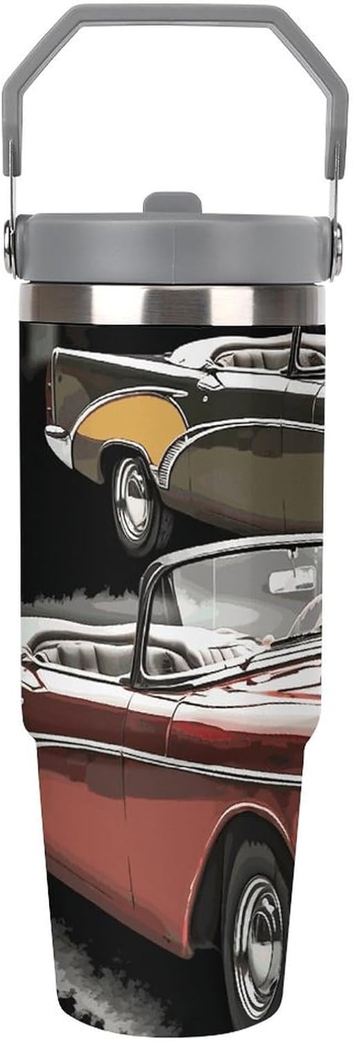 30oz Insulated Tumblers with Top Handle, Stainless Steel Classic Car Roadsters Old Fashioned Car Cup with Straw for Gift, Leak-Proof Double Wall Vacuum Travel Mug, Personalized Water Bottles White