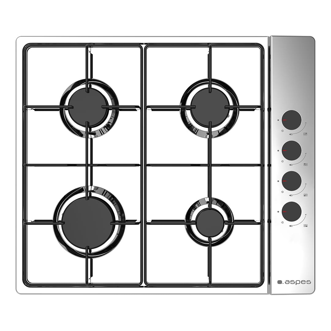 Aspes Placa de Gas Butano, AG4601X. 4 Quemadores, Ignición Automática, Mandos Giratorios, Parrillas Esmaltadas, Seguridad FFD, Integrable, Fácil Limpieza, Acabado Inox