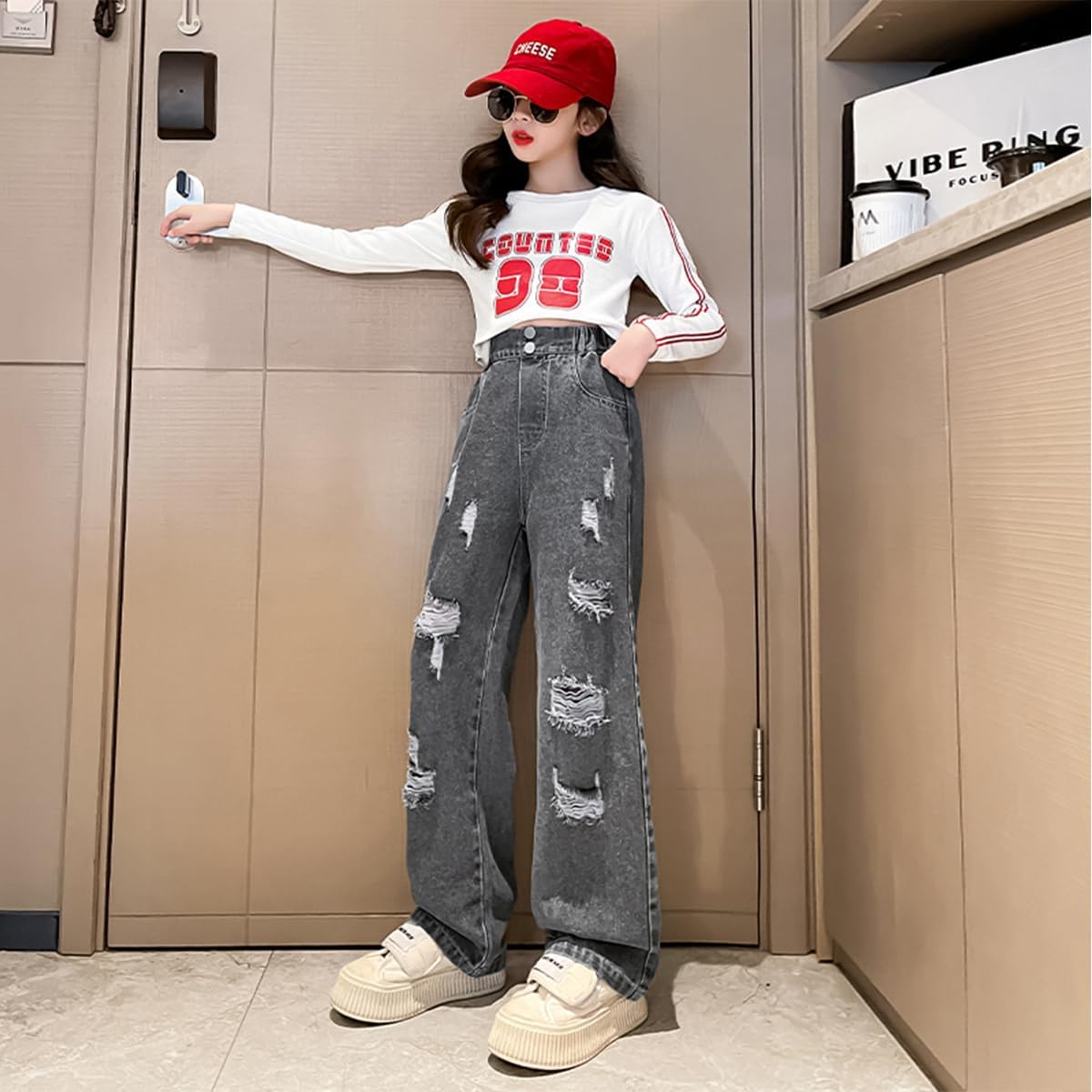 Girls Ripped Wide Leg Jeans Denim Elastic Baggy Kids Button Jeans Casual Pocket Pants Age 5-14 - Image 7