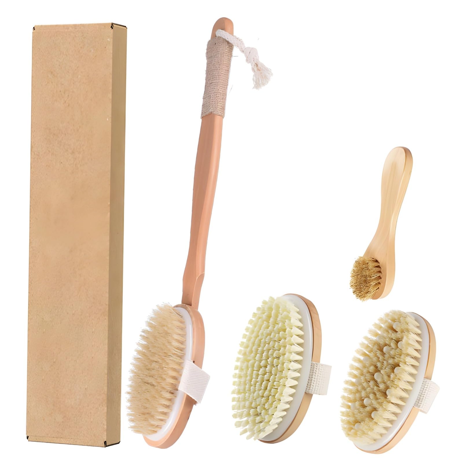 5 Stk. Körperbürsten-Set, Trockenbürsten mit langem Griff, Naturborsten, Peeling-Set für Cellulite und Durchblutung, inklusive Gesichtsreiniger