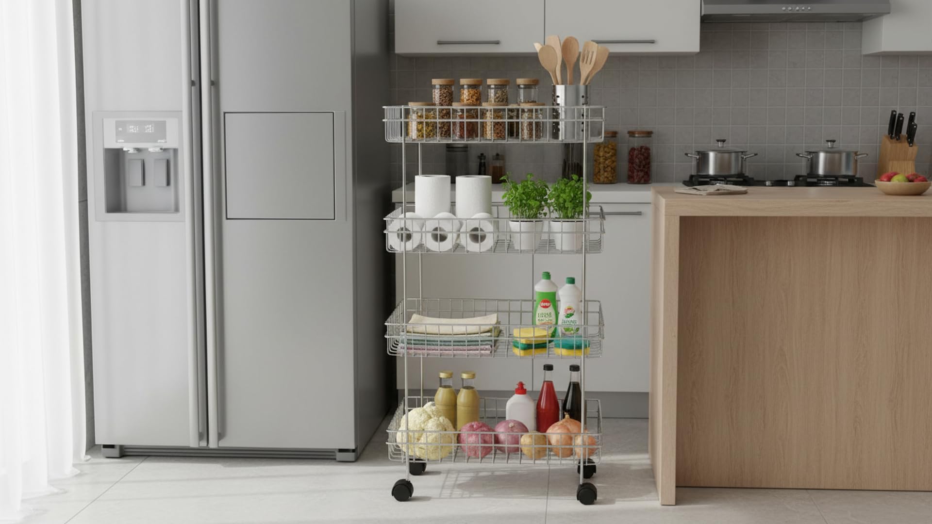 - Stainless Steel 4-Tier Kitchen Storage Trolley with Wheels, Multipurpose Storage Organiser, Storage Cart Basket for Storage Fruits, Vegetables, Onions and Potato, Durable and Rust-Free