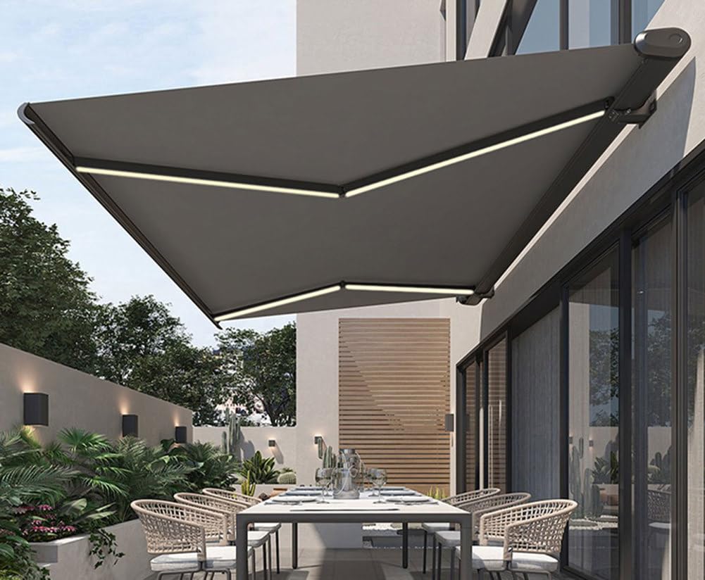 Store banne motorisé rétractable avec éclairage LED, 3 x 2 m, en Alliage d'aluminium, pour Balcon, terrasse et Portes-fenêtres extérieures.