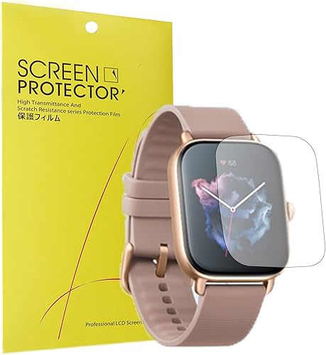Protector de pantalla compatible con Amazfit GTS 3, paquete de 6, película transparente de poliuretano termoplástico de cobertura completa,