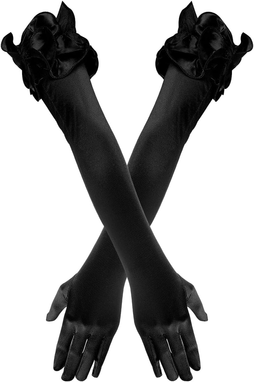 OhMill Long Satin Ruffle Gloves Elegant Ruffle Cuff Satin Opera Gloves for Women Girls Christmas Wedding Party Prom Stage