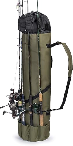 Professional Fishing Rod and Reel Organizer Bag | Heavy Duty Canvas Pole Carrier Case with Adjustable Shoulder Strap | Portable Travel Gear Storage for Rods | Tear-Resistant & Foldable