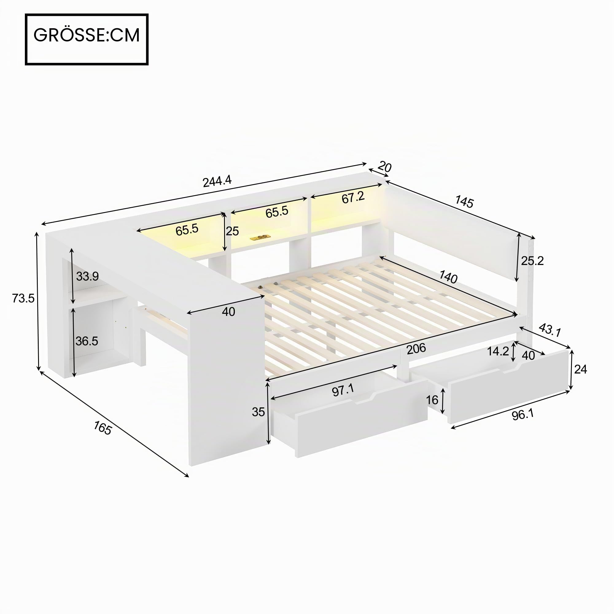 Tagesbett Doppelbett 140x200 cm mit LED Licht und USB, Schlafsofa Jugendbett Bett mit Stauraum und Schubladen, Holzbett Bettgestell mit Lattenrost und Schreibtisch, Weiß, Ohne Matratze