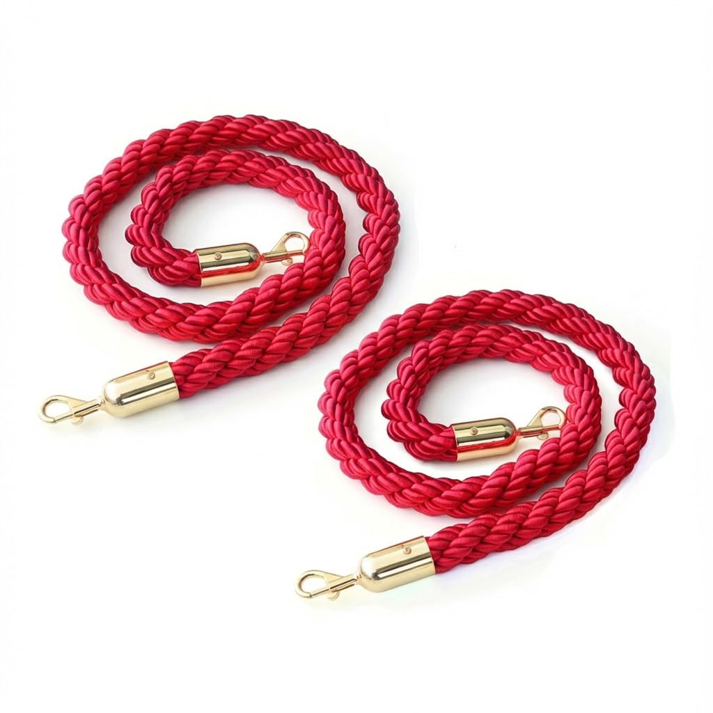 Corde di barriera con moschettoni 150 cm - Set da 2 - Corda intrecciata con ganci in acciaio inox per pali di guidaggio e zone VIP - Rosso/oro