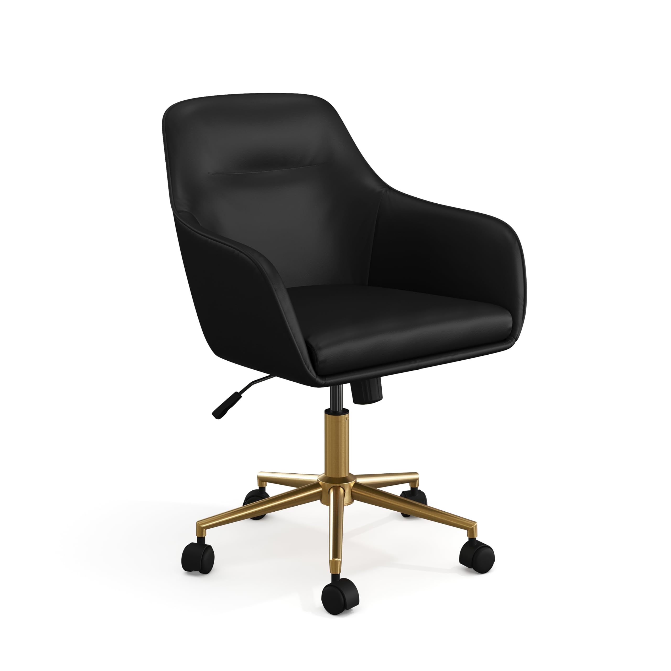 Martha Stewart Rayna Swivel Task Chair with Flared Arms for Home Office in Black Faux Leather with Polished Brass Frame
