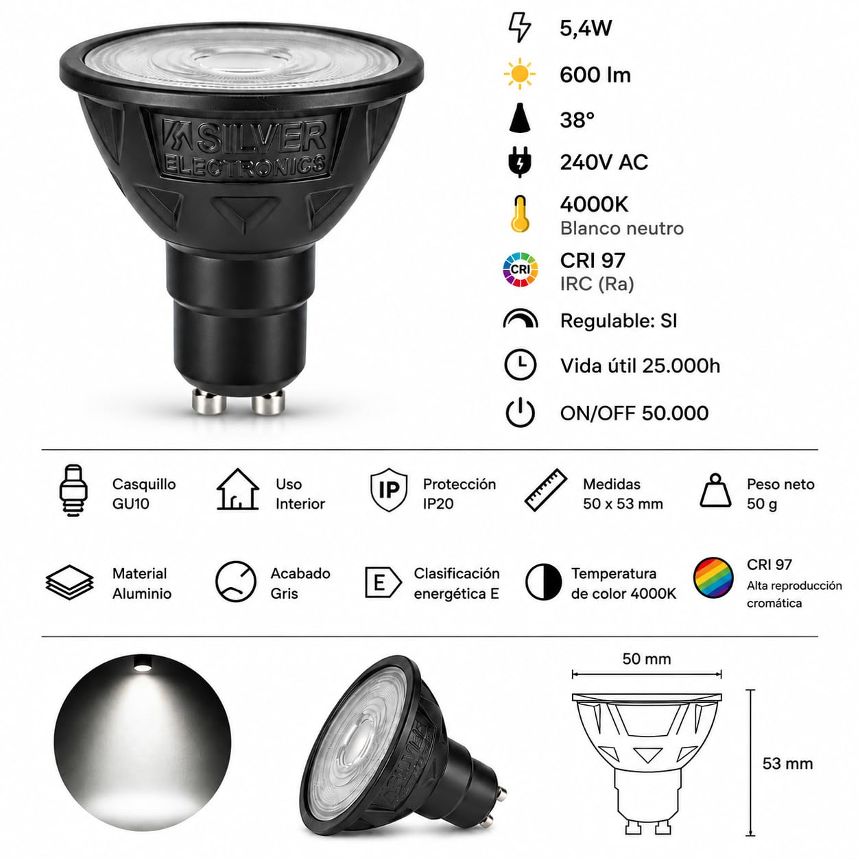SILVER ELECTRONICS Pack x10 Bombilla LED regulable GU10 Dicroica Luz Neutra 4000K 5.4W CRi97 600lm