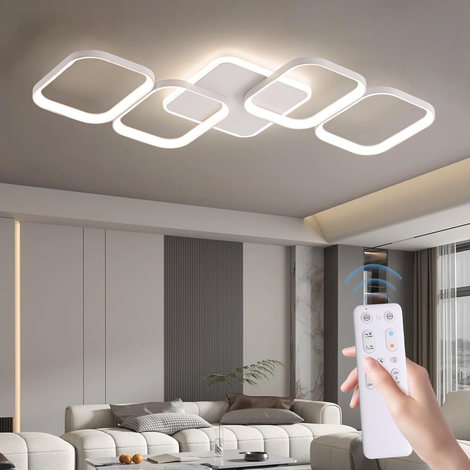 ANTENLICHT LED Deckenleuchte Wohnzimmer 50W 5600LM mit Fernbedienung Stufenlos Dimmbar 2700-6500K, Wohnzimmerlampe mit Memory-Funktion aus Metall für Schlafzimmer Esszimmer Flur Kinderzimmer, Weiß