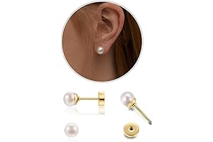 Dainty Faux Pearl Stud Earrings for Women - 14K Gold Hypoallergenic Tiny...