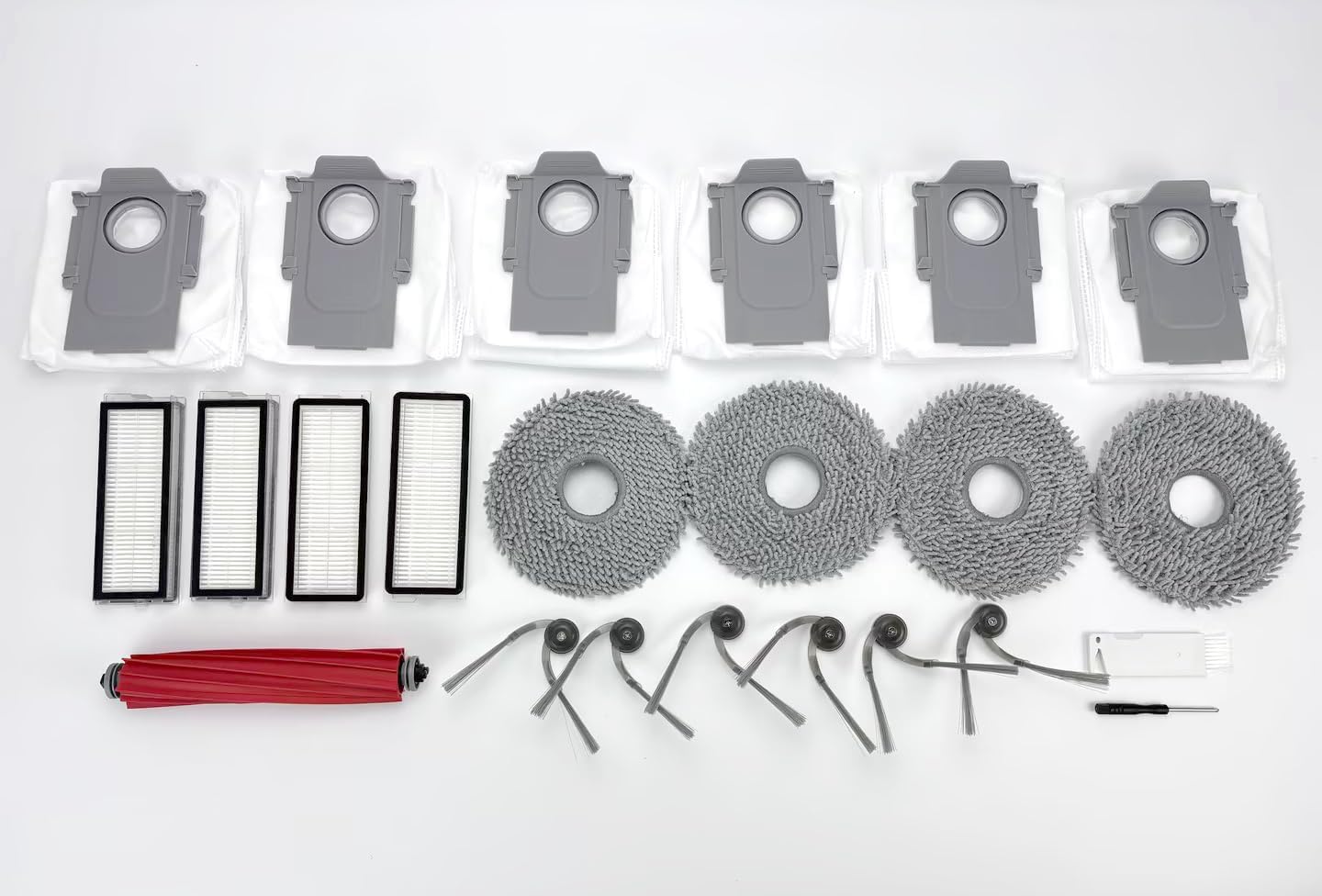Accessories Kit for Roborock Qrevo Serie QV 35A, QV 35S, QR 598, QR 798 Robot Vacuum Replacement Parts 1 Main Brush 4 Filter 6 Dust Bag 6 Side Brush 4 Mop Pad 1 Cleaning Tool Spare Replace Attachments