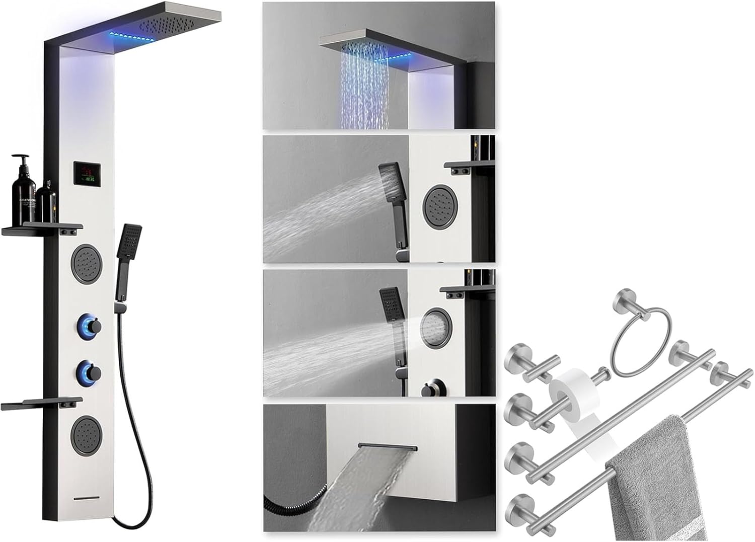 LED Brushed Nickel Shower Tower 304 Stainless Steel Shower Panels Bundle with 5 Piece Bathroom Hardware Set Brushed Nickel Bath Accessories