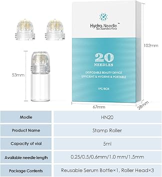 Derma Stamp Hydra Micro-Tip System with 2 Gold Titanium Heads, 0.25mm Depth Configurations, Reusable Serum Enhancement Applicator for Skin Rejuvenation