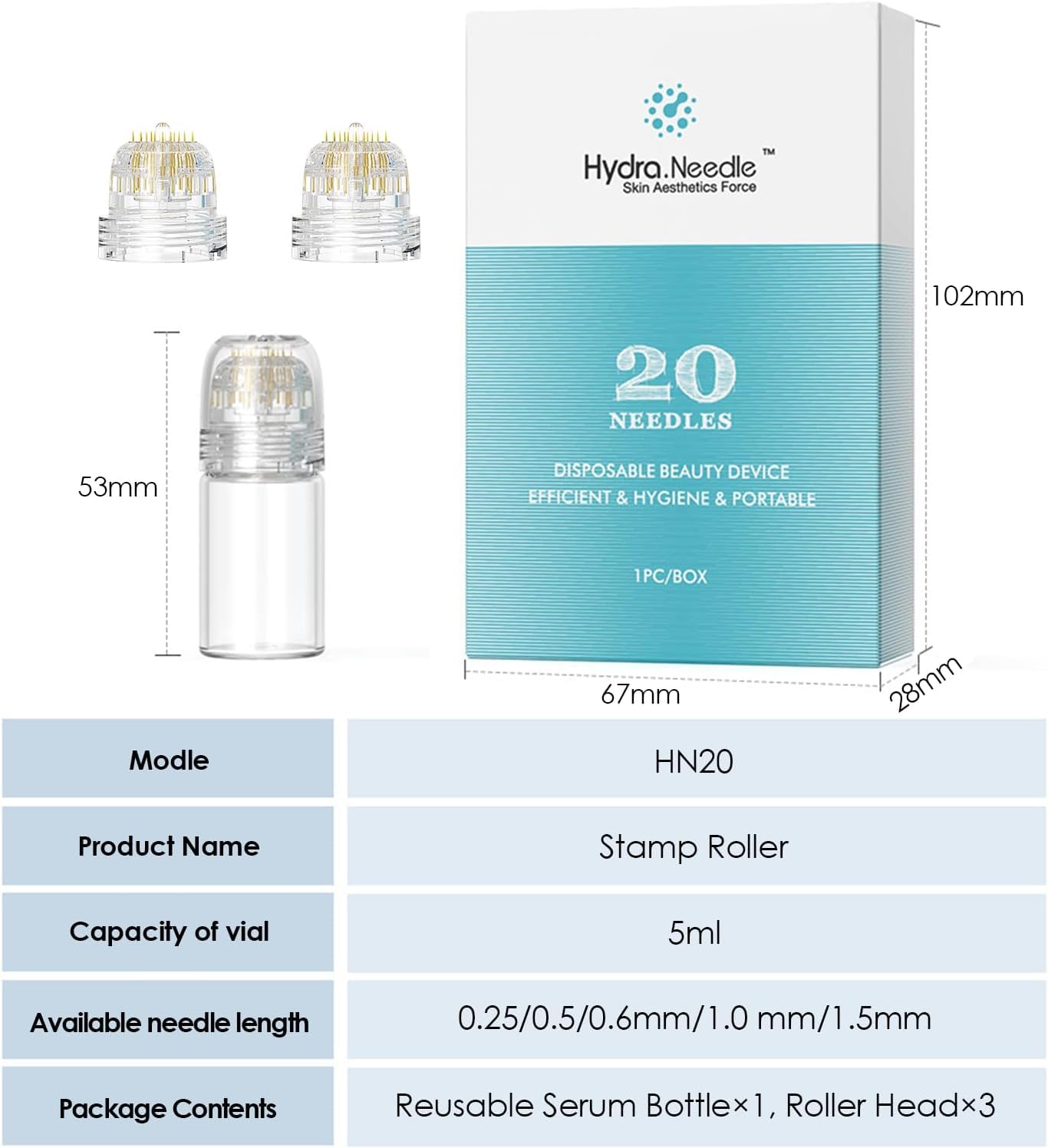 Derma Stamp Hydra Système de micro-pointes avec 2 têtes en titane doré, configurations de profondeur de 0,25 mm, applicateur réutilisable pour le rajeunissement de la peau