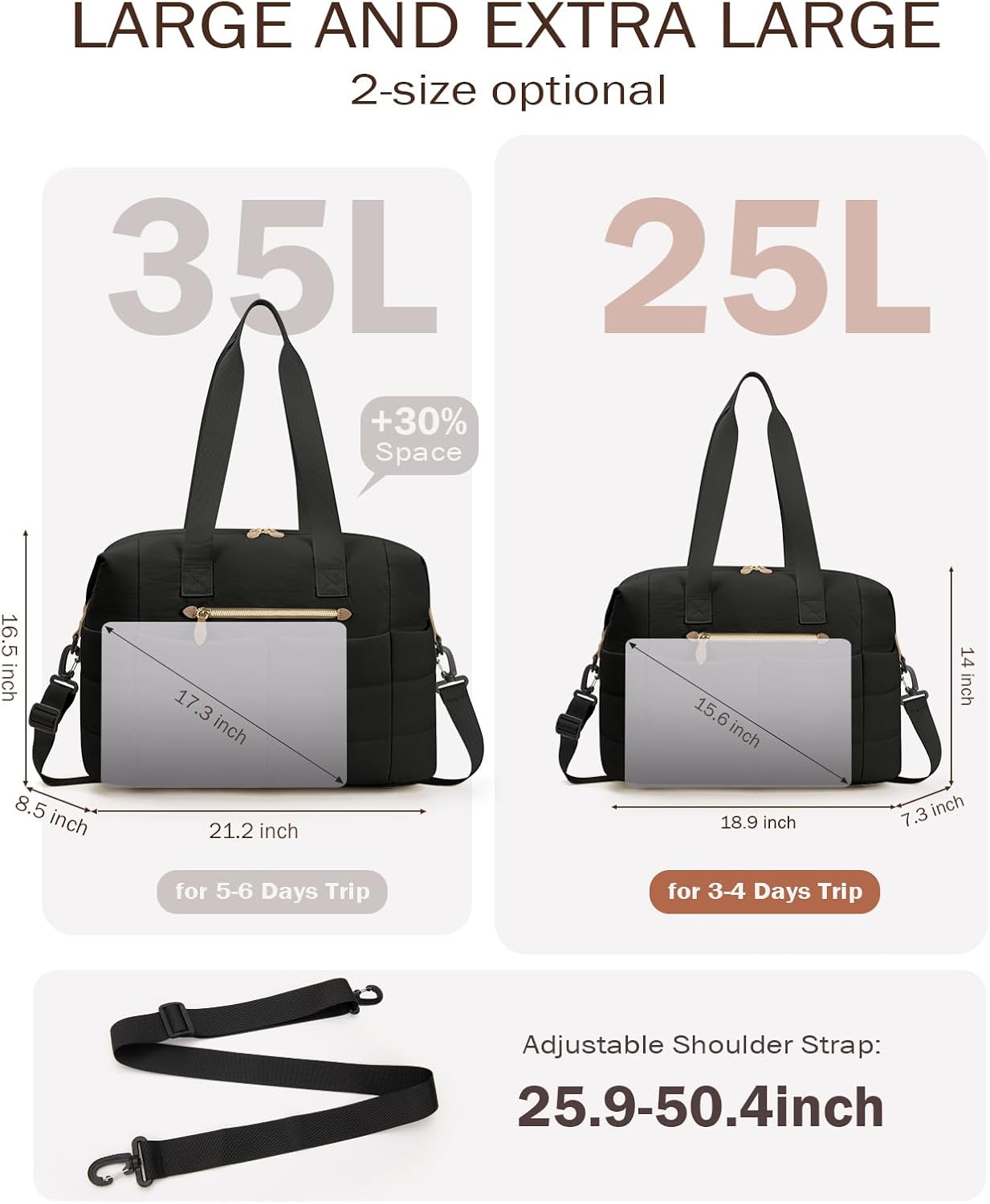 Tuwubi Travel Duffel Bag, Puffer Gym Bag for Women Lightweight Weekender Overnight Bags, Carry On Tote For Spirit Airlines Personal Item Bags with Toiletry Pouch(Black, M) - Image 2