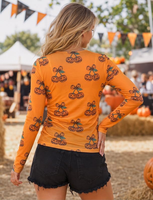 Image of Halloween Shirt Women Spooky Season See Through Mesh Long Sleeve Top