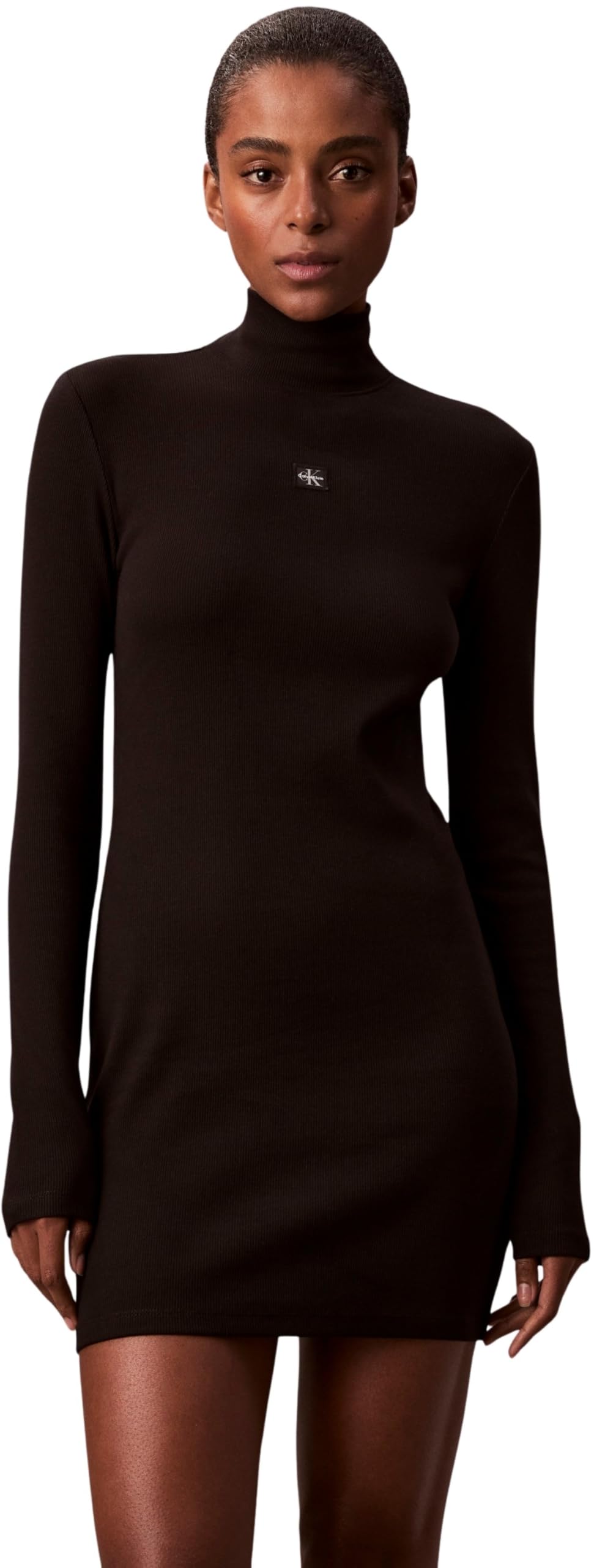 Calvin Klein Women's LS Woven Label 2X2 Rib MINI DRES LV047E204G Dresses, Black (Black), L