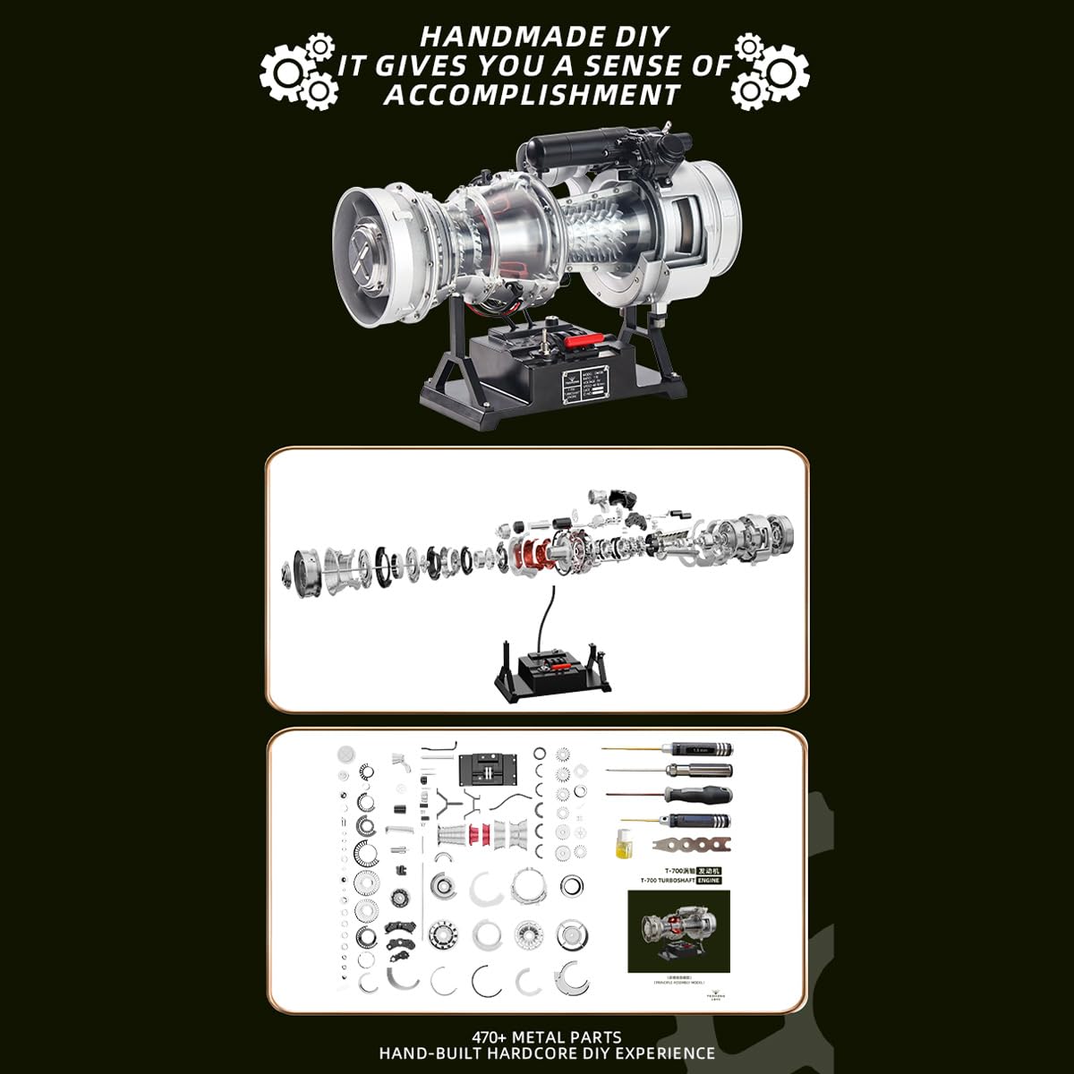 Kit de modelo de motor turboeje, simulación de metal a escala 1/4, helicóptero militar eléctrico, kit de modelo de motor turboeje, 470 + piezas, kit de educación científica mecánica, regalo para