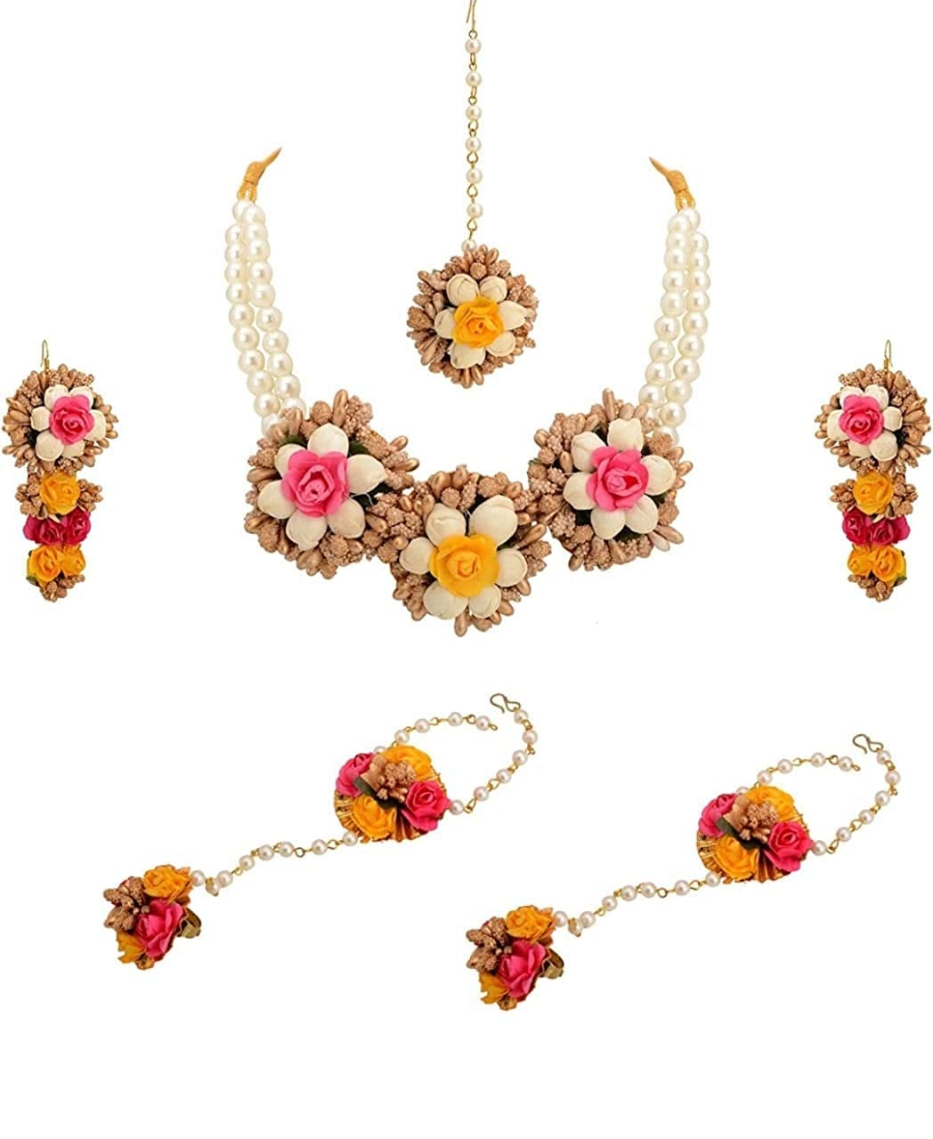 Laxmi Enterprises Flower Jewelry Set for Wedding | Baby Shower | Turmeric | Mehndi | Party in Golden Yellow for Girls and Women-picture-11
