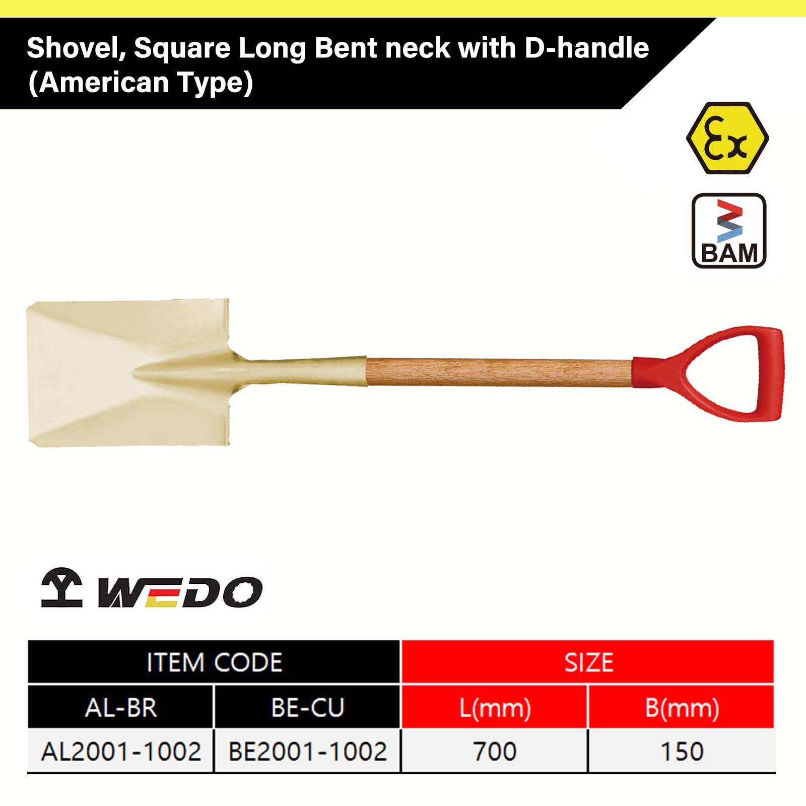 WEDO Kwadratowa łopata, płaska łopata z drewnianym uchwytem, wygodny uchwyt D, szpadel do kopania bez iskier, długość 700 mm, brąz aluminiowy, standard DIN, certyfikat BAM i FM