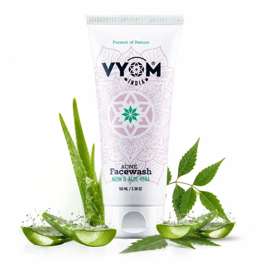 Vyom India Acne Preventive Face Wash 100ml | Neem & Aloe Vera Gel Cleanser | Anti Acne, Pimple Control, Oil Control | Sulphate, Paraben & Silicone Free | Organics & Herbal Face Wash for Men & Women