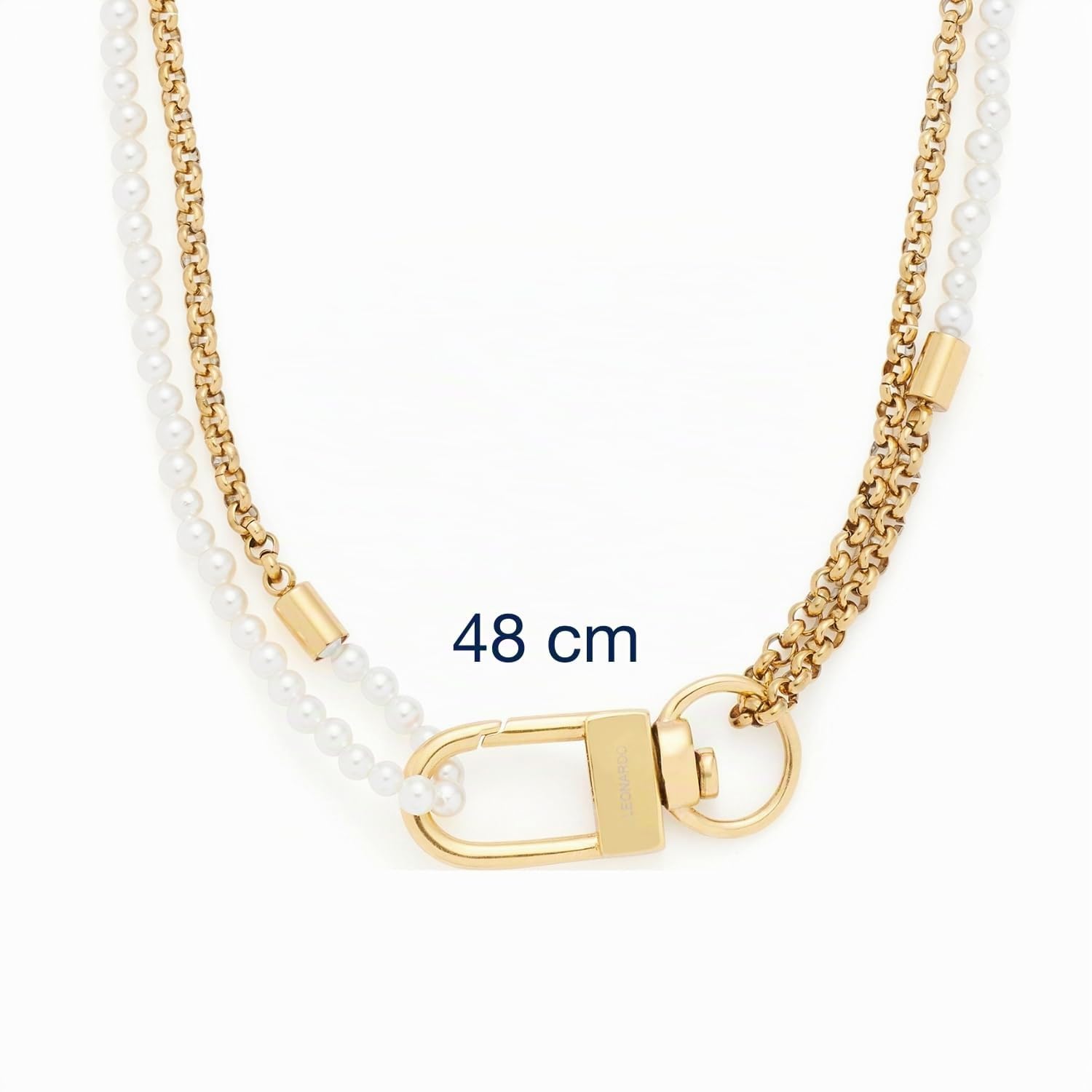 JEWELS BY LEONARDO Halskette Lucinda, mittellange Kette aus goldfarbenem Edelstahl, weiße Imitationsperlen und auffälliger Verschluss, 48 cm doppelt, 96 cm einfach Länge, Schmuck Geschenk, 024329