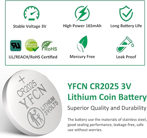 Miniatura 2 de YFCN Batería CR2025 de litio de 3 V, paquete de 5 unidades, pilas de botón de moneda CR 2025, 5 años de vida útil