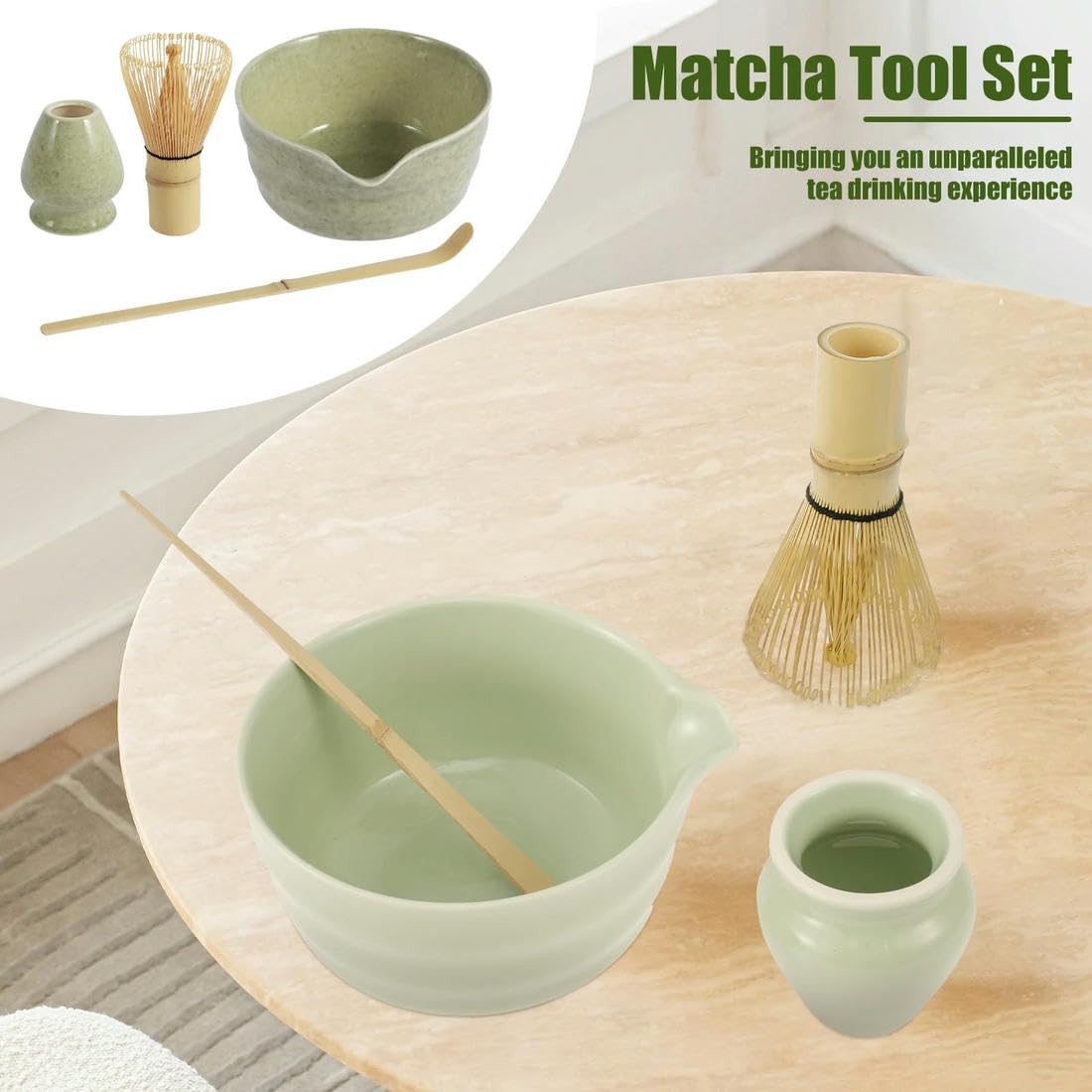 Japoński zestaw matcha z ceramiczną miską trzepaczką do matcha i miarką do herbaty dla miłośników herbaty, prezenty, akcesoria do robienia herbaty, 4 szt