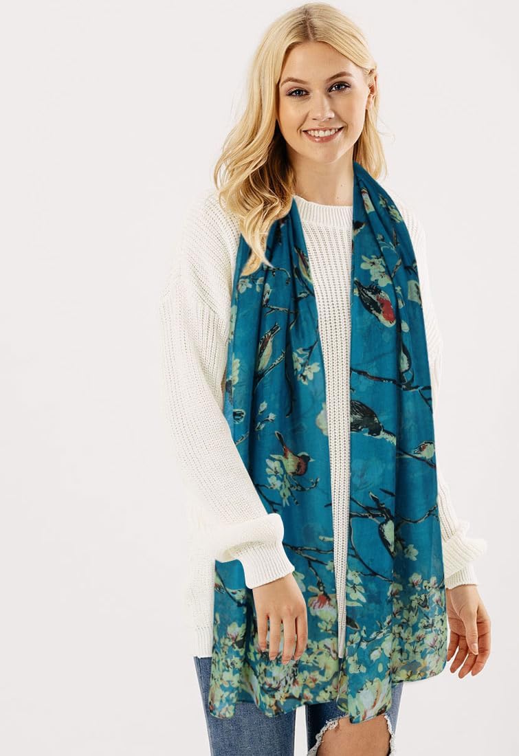 GERINLY Scarfs for Women Lightweight Floral Birds Print Cotton Scarves and Wraps for Spring Shawl Boho Scarf - Image 3
