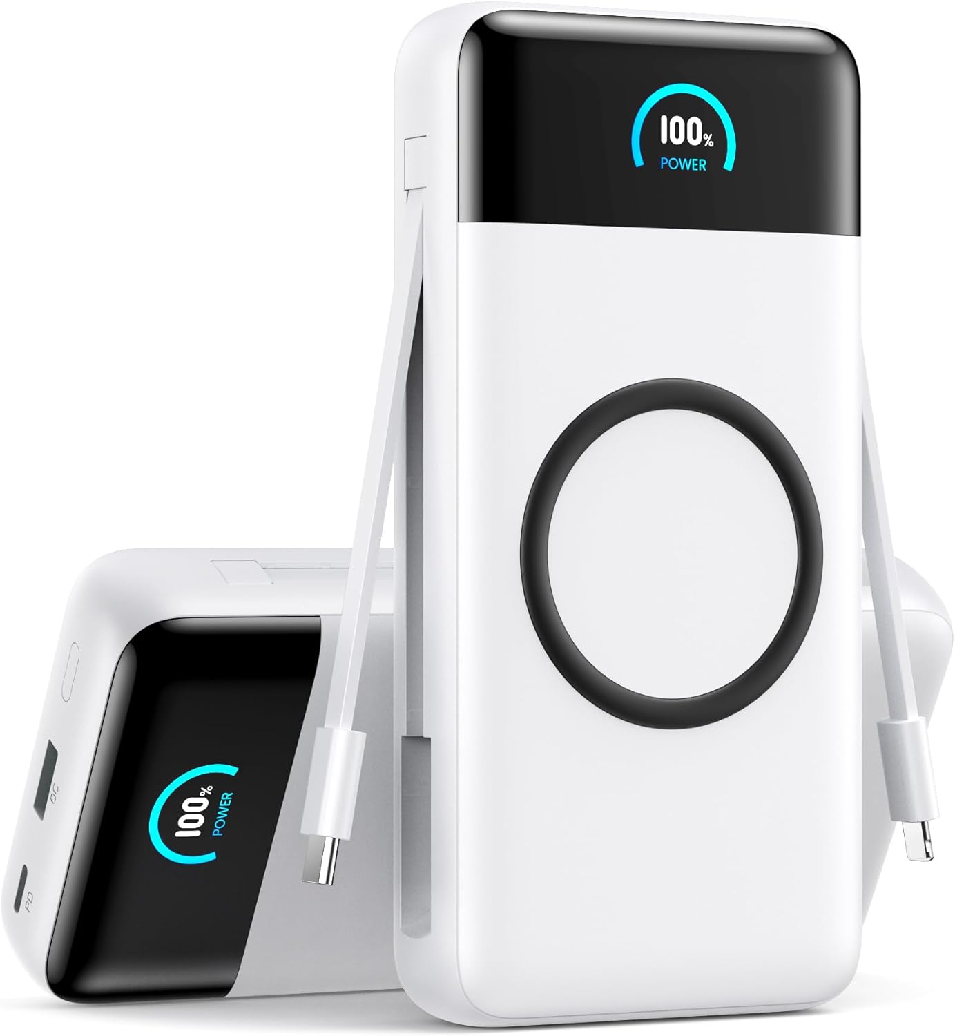 YHO Wireless Portable Charger 40800mAh for iPhone with Built-in Cables, 15W Wireless Charging USB C Power Bank,25W PD Fast Charging Travel Essential Battery Pack for iPhone 17/16/15,Android-White