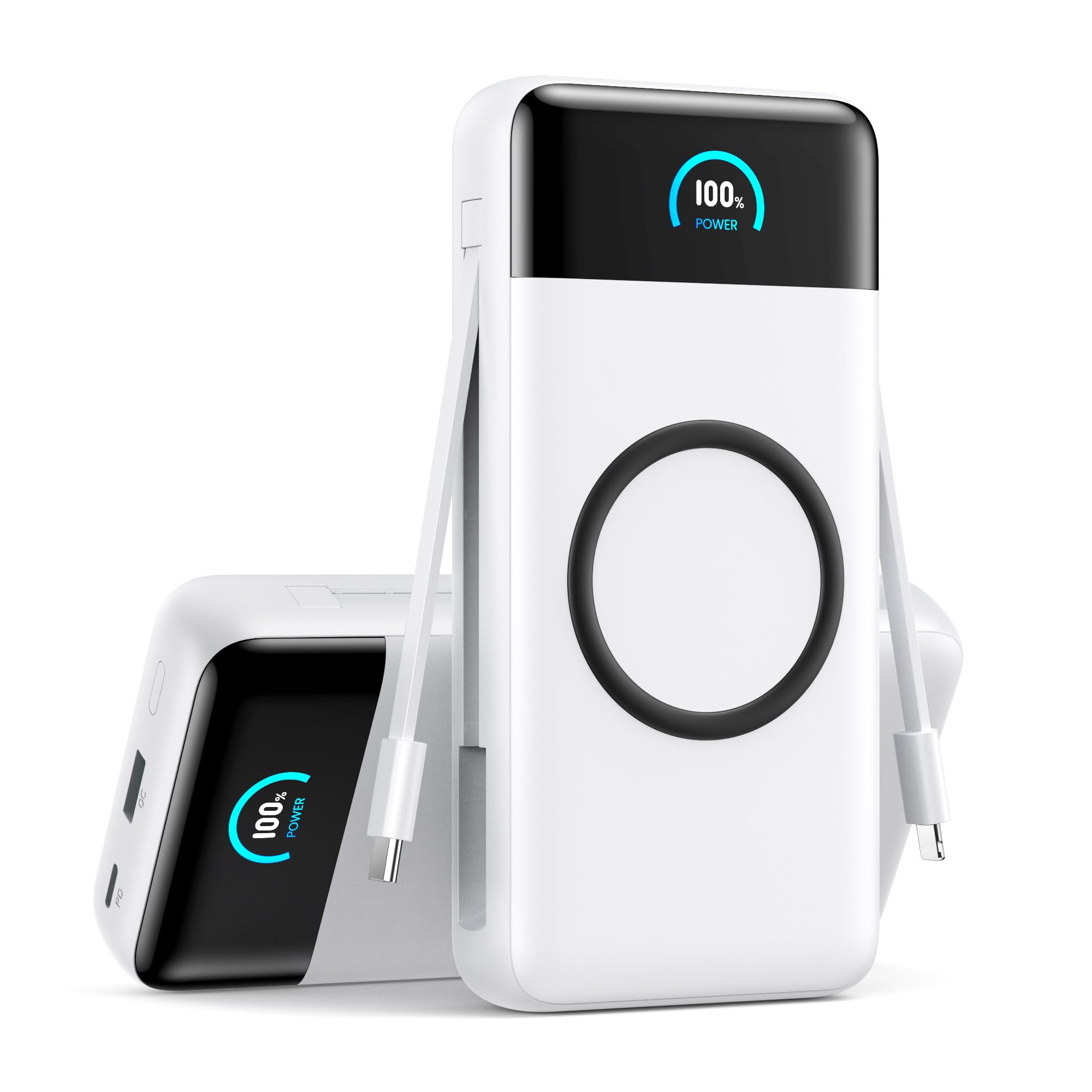 YHO Wireless Portable Charger 40800mAh for iPhone with Built-in Cables 15W Wireless Charging USB C Power Bank 25W