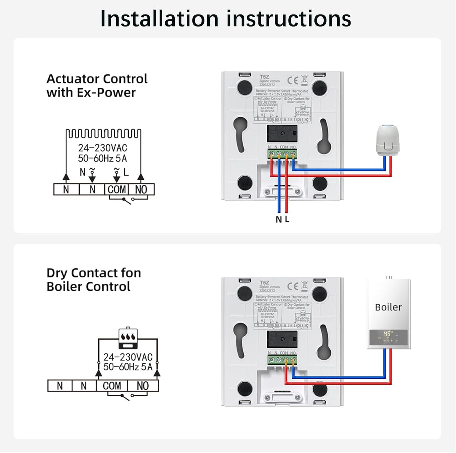 Wiring diagrams for actuator control and dry contact boiler control
