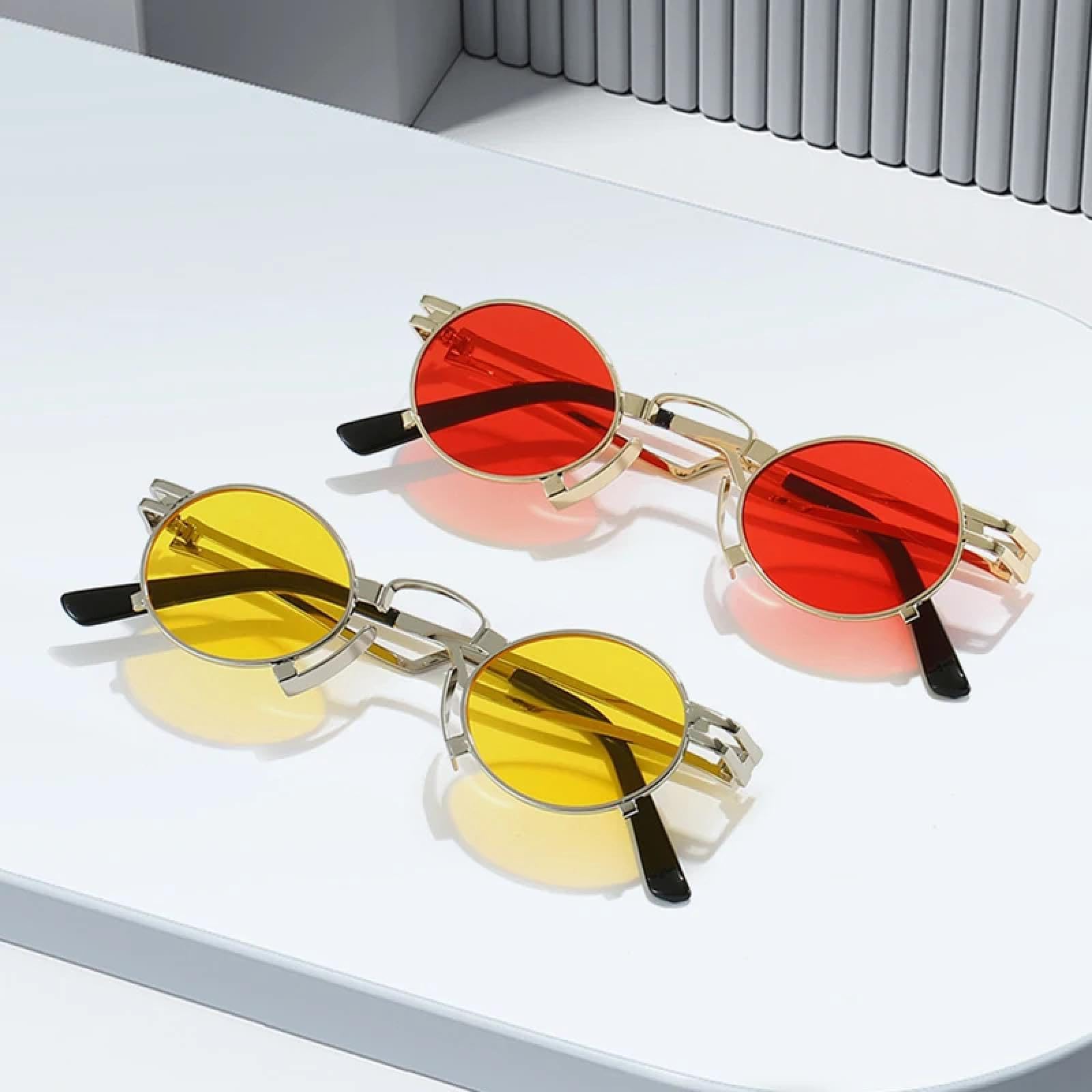 Gafas de sol ovaladas pequeñas para mujer, con montura de metal, estilo punk, con protección UV400, color rojo y amarillo