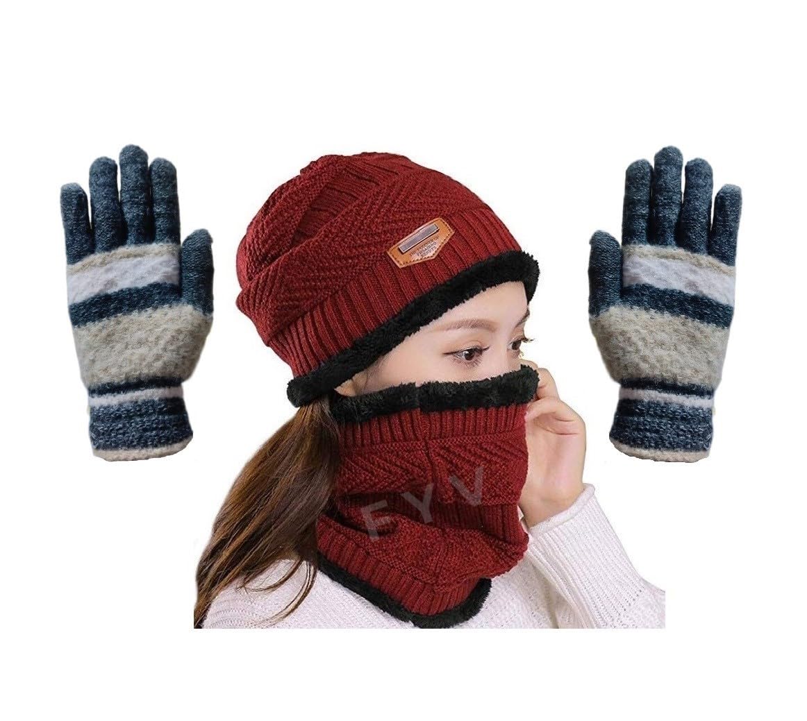 f y v Warm Knitted Skull Cap for Outdoor Activities | Thermal Winter Beanie Cap and Neck Gaiter Set-picture-13