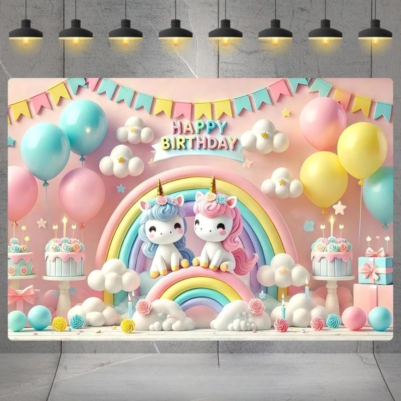 Image of Unicorn Rainbow Birthday Backdrop - Colorful Cake, Balloons, and Cloud Design for Kids Party Photoshoots (Pack of 1)