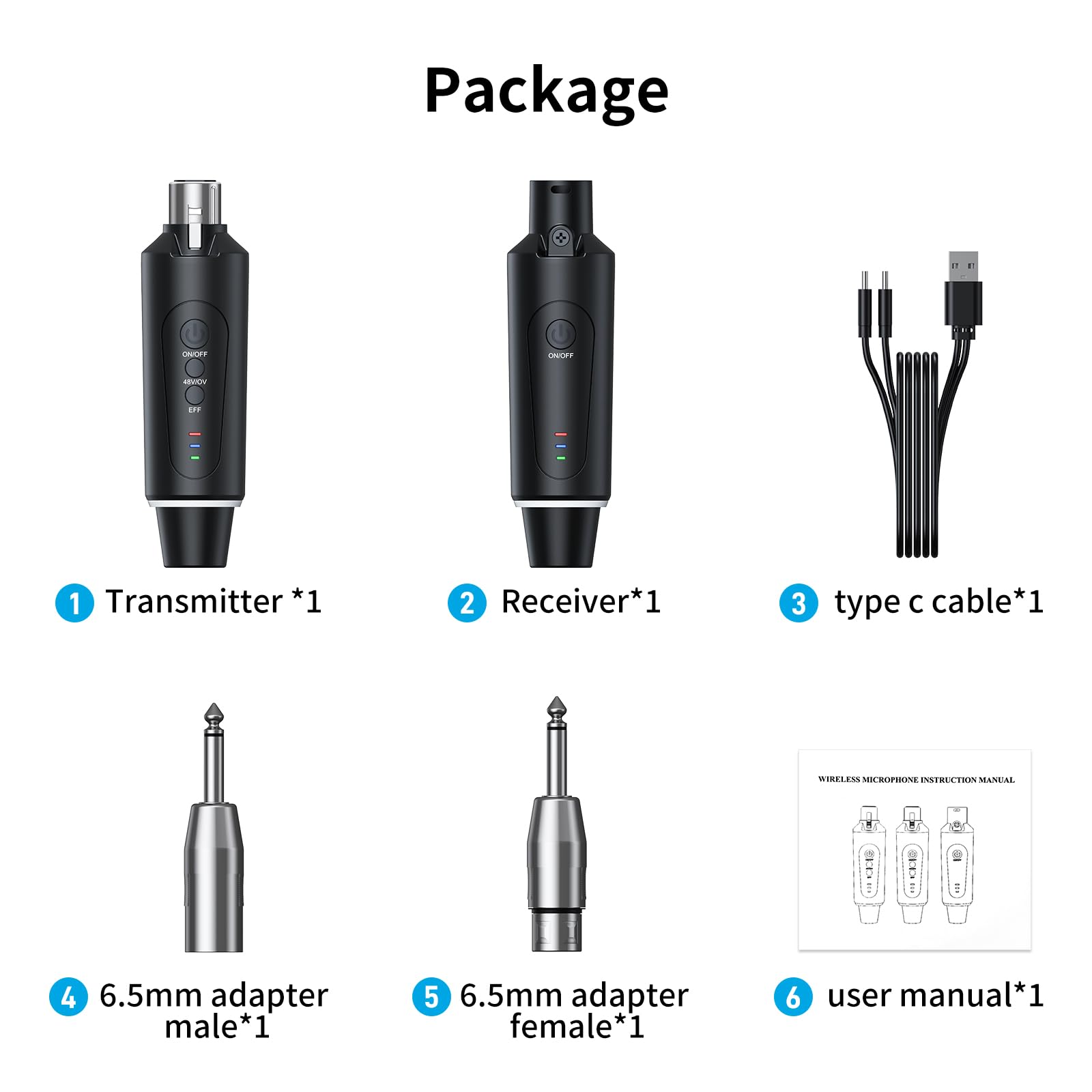 Microphone sans fil XLR 2,4 GHz émetteur récepteur 1 à 1 pour microphone dynamique et à condensateur 50-100 m