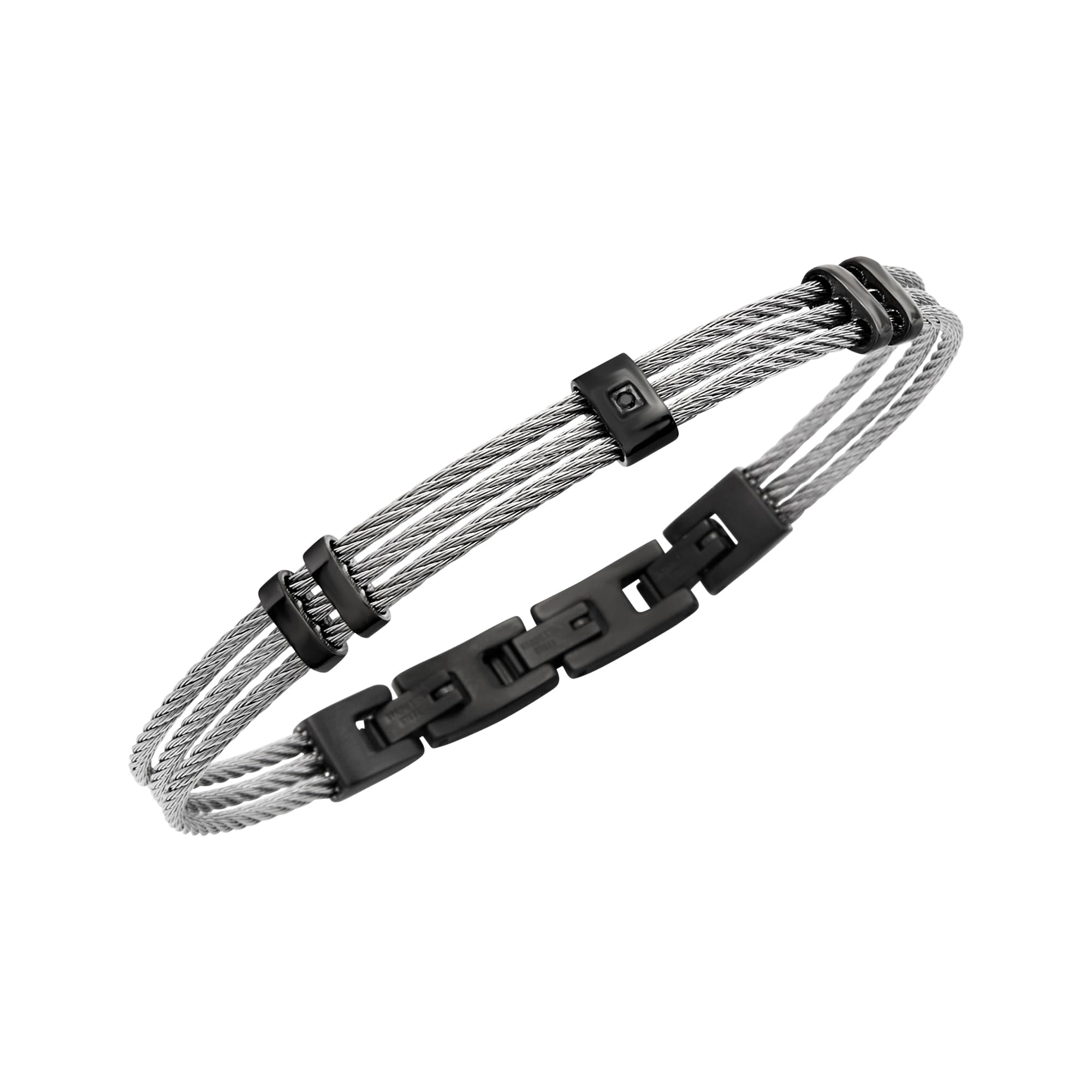 Breil, Collezione Loop, Triplo Bracciale Uomo in Acciaio con Cubic Zirconia Neri, Chiusura a Gioielleria, Lunghezza Regolabile
