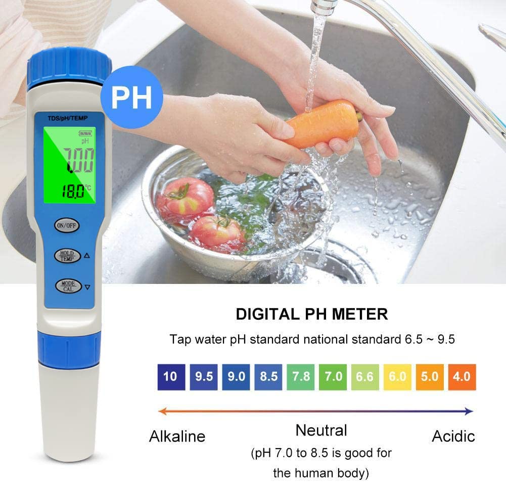 Ueomul pH Messgerät 5 IN 1, pH TDS EC Salzgehalt Temperatur Tester, multiparameter Pool pH SALT Tester, Digital 0,01 hochpräzises Wasser pH Meter mit automatische temperaturkompensation