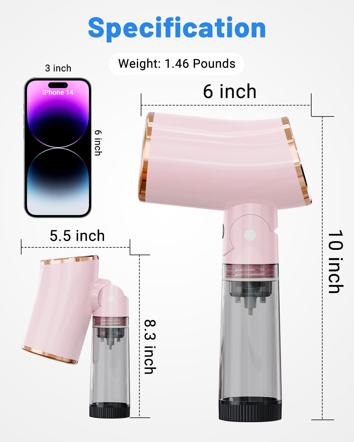 Vaporizador plegable de tamaño de viaje para ropa, vaporizador portátil de ropa con voltaje de 110-120 V, potencia de 1000 W, capacidad del tanque de agua de 6.8 fl oz, cable de alimentación de 8 pies 3