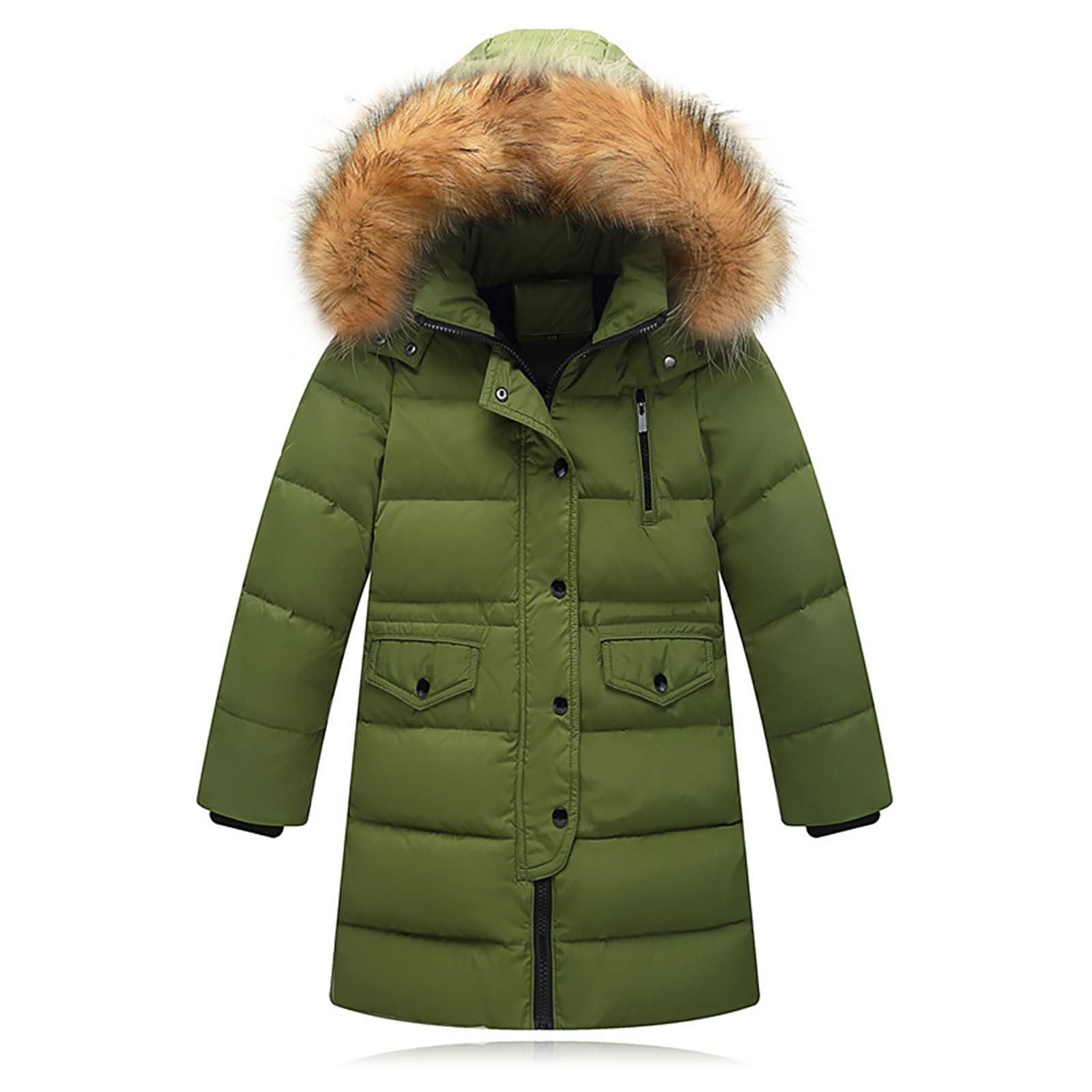 Cappotti invernali per bambini, lunghi in tinta unita, con cappuccio, spessi, caldi e caldi, in cotone, tinta unita, con calda pelliccia sintetica, verde, 160
