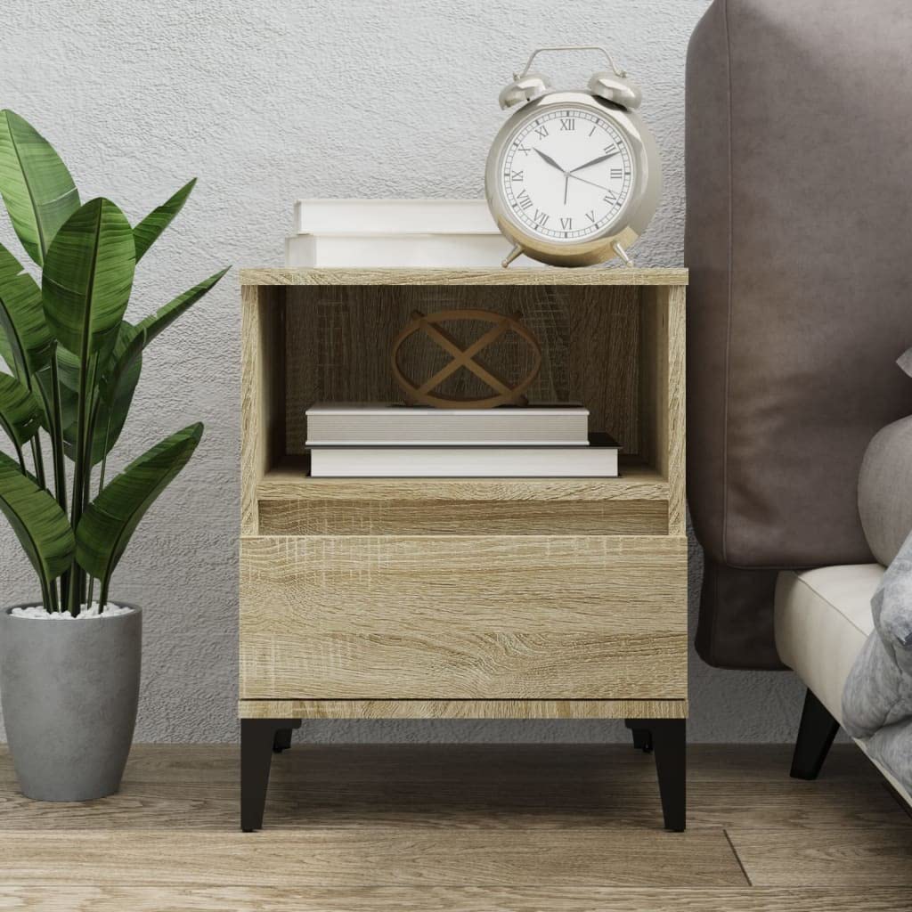 Table de chevet chêne Sonoma avec tiroir, petit meuble de rangement bois et métal 50 cm