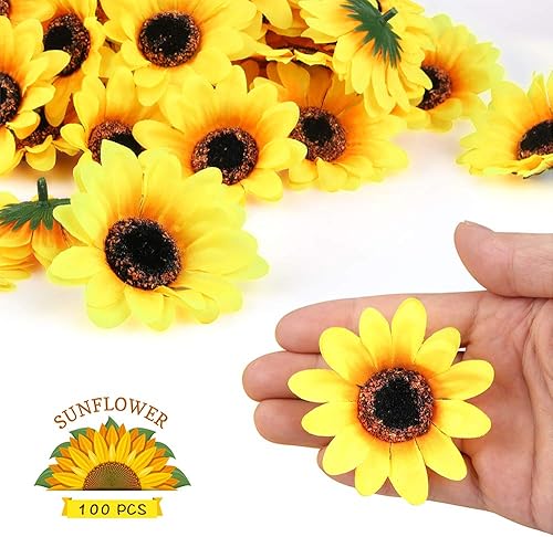 Miniatura 3 de Mocoosy 100 cabezas de flores artificiales de girasoles artificiales, girasoles falsos de 2.8 pulgadas a granel, decoración de cabeza de flores de