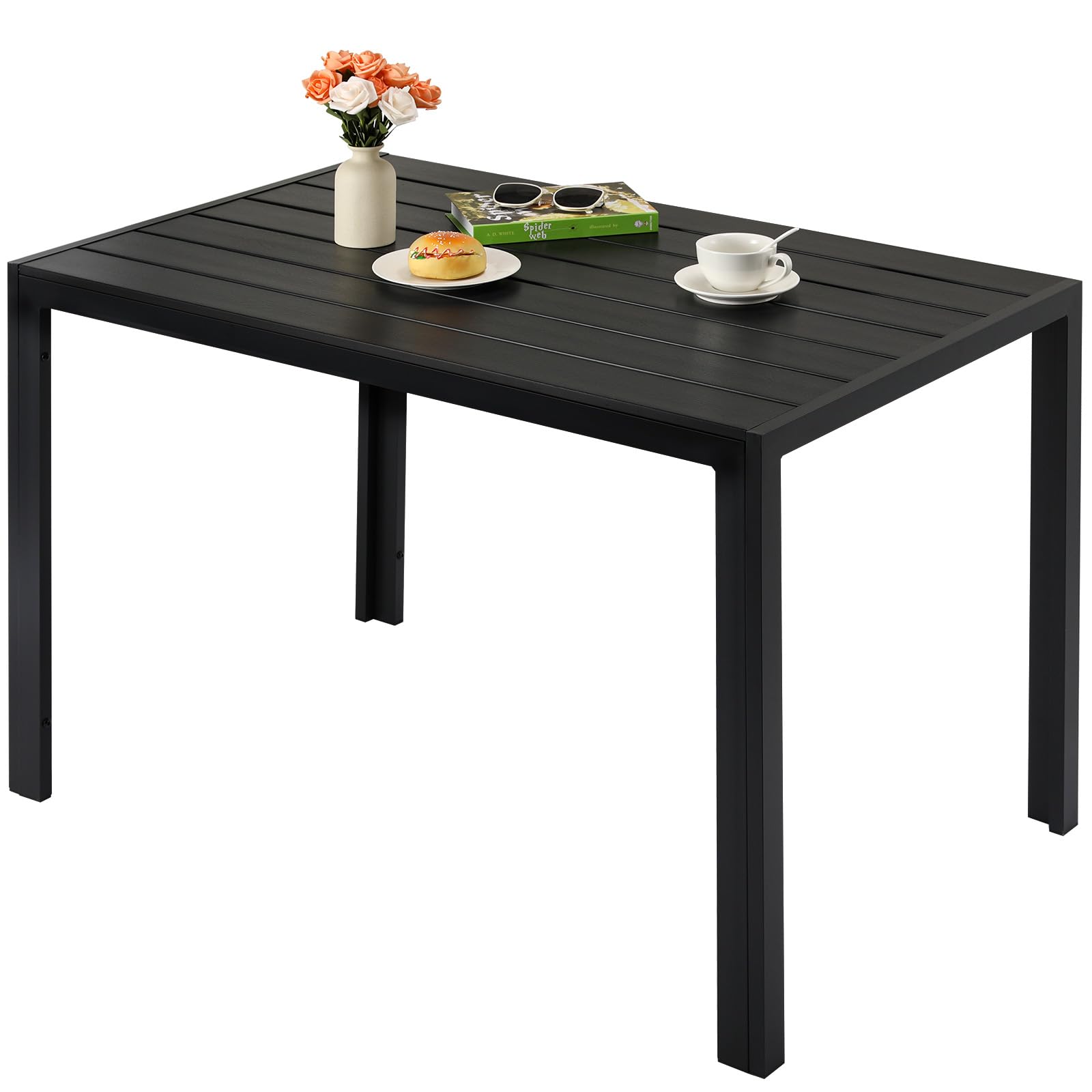 Mesa de Jardín de Aluminio,110x70x73 cm, Mesa de Balcón WPC, Mesa de Terraza Rectangular, Mesa de Comedor para Exterior, Resistente al Calor y Antideslizante, Ancho del Tablero 9 cm, Negro