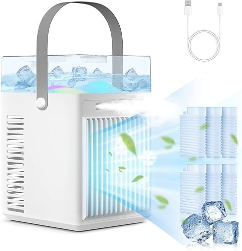 Ventilador de aire acondicionado portátil, recargable por USB, 4 en 1, mini ventilador de escritorio, 3 velocidades ajustables, ventilador de