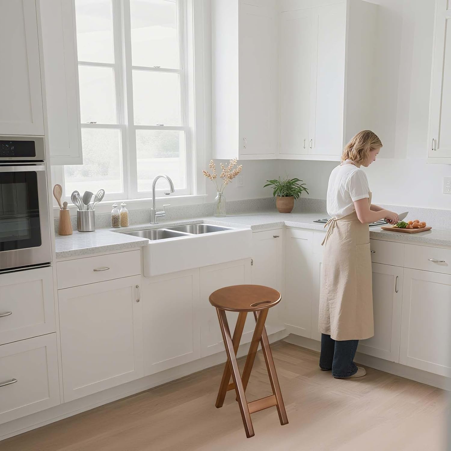 Backless Folding Bar Stool Bamboo,1 pcs Foldable Portable Counter Height Bar Stools Chair, High Collapsible Stool Seat for Adults, Kitchen Sitting Stool with Handle Lightweight