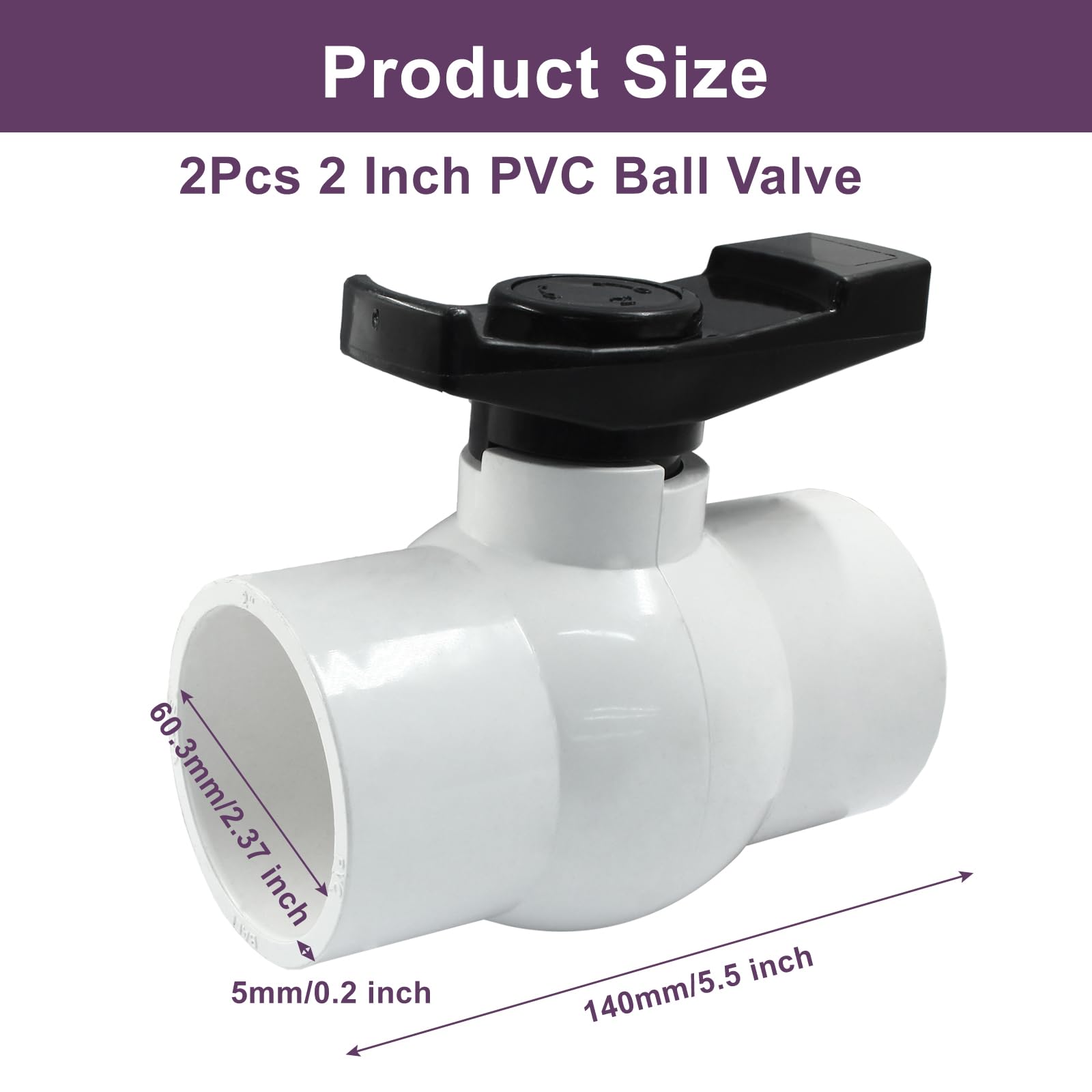 Válvula de bola de PVC de 2 pulgadas, 2 válvulas de cierre con deslizamiento fácil de girar, válvula de bola de PVC con mango ágil en "T", adecuada para uso comercial, piscina, sistema de